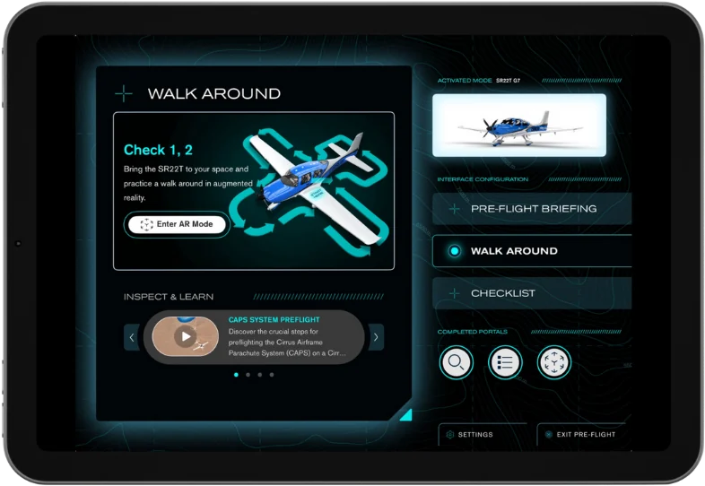 iPad showing the Cirrus Approach app's augmented reality walkaround screen for an SR22T, with pre-flight briefing, walkaround and checklist modes
