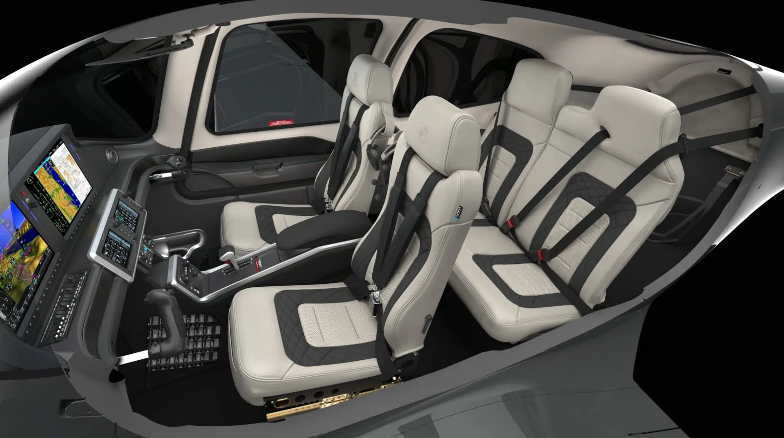 Cutaway view of the Cirrus G7+ cabin showing leather front and rear seats, side yokes and the Perspective Touch+ displays